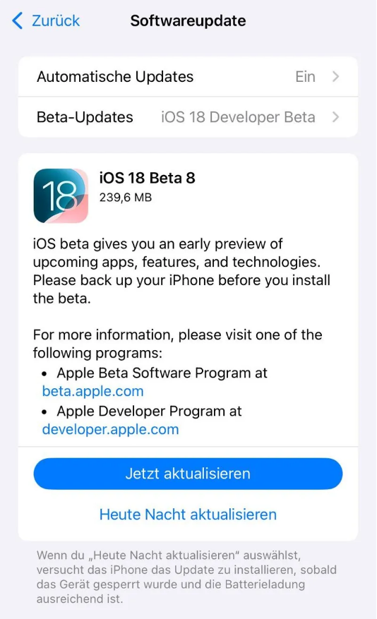 雨花台苹果手机维修分享苹果 iOS / iPadOS 18 开发者预览版 Beta 8 发布 